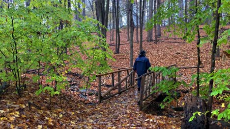 Man-in-a-rain-jacket-and-cowboy-hat-hiking-and-crossing-a-forest-bridge-during-a-rainy-day-in-autumn-with-leaf-litter-on-the-ground