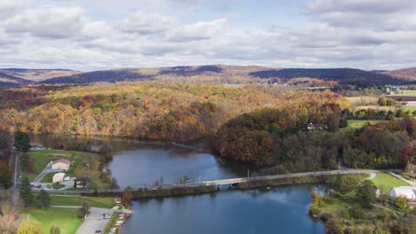 Aerial-hyperlapse,-timelapse-of-Speedwell-Forge-Lake-in-Lititz,-Lancaster-County-PA,-USA-during-autumn