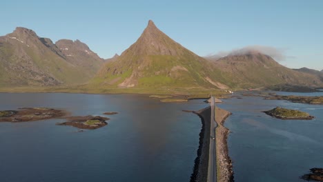 Fredvang-Bridges-Panorama-crossing-the-Norwegian-sea-in-the-Lofoten-Archipelago,-Nordland,-Norway---Wide-aerial-shot