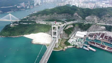 Hong-Kong-bay-and-Tsing-Ma-bridge,-Aerial-view