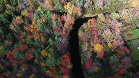 Aerial-View-of-Clouds-Shadows-Moving-on-Colorful-Forest-and-River-on-Sunny-Fall-Day-in-American-Countryside,-Cinematic-Top-Down-Drone-Shot