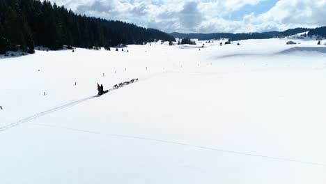 Drone-tracking-shot-of-a-dog-sled-in-a-beautiful-snowy-valley-with-two-happy-mushers