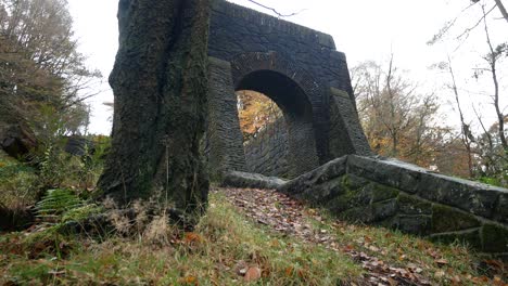 Stone-moss-covered-arch-staircase-entrance-to-autumn-hillside-ruins-woodland-Rivington-terraced-gardens-right-dolly