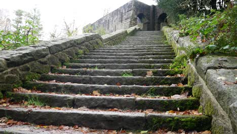 Stone-moss-covered-staircase-ruins-Autumn-woodland-Rivington-ornamental-terraced-gardens-wilderness-low-angle-dolly-left
