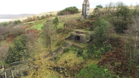 Fairy-tale-Rivington-historic-English-terraced-gardens-landmark-remains-aerial-rising-above-Winter-hill