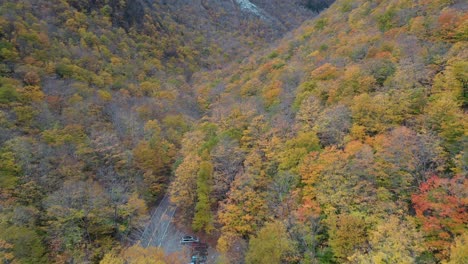 Aerial-View,-Road-in-Smuggler's-Notch-Mountain-Pass-in-Autumn-Colors-Vermont-USA
