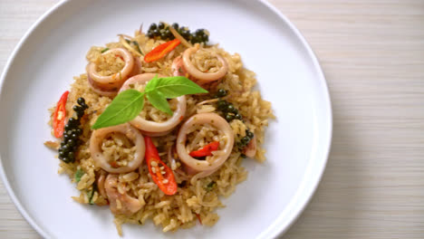 Homemade-Basil-and-Spicy-Herb-Fried-Rice-with-Squid-or-Octopus---Asian-food-style