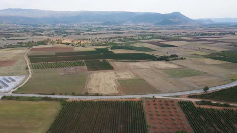 Revealing-drone-4K-clip-over-the-countryside-and-vineyards-in-close-to-the-village-Choristi,-in-Drama,-Greece