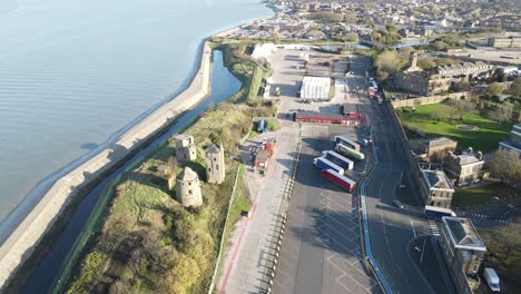 Centre-Bastion-Battery-Sheerness,-Kent-high-Pov-drone-footage