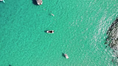 High-overhead-vertical-aerial-of-boats-and-swimmers-in-clear-water
