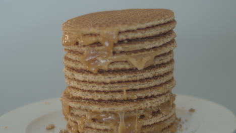 close-dolly-of-delicious-stack-of-stroopwafels,-a-typical-dutch-cookie