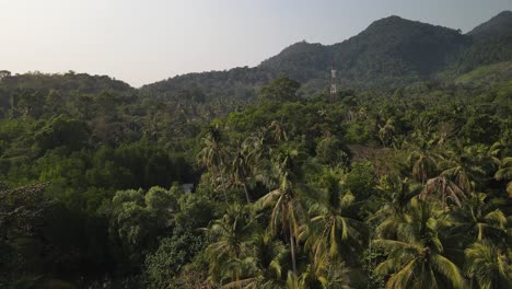 Schnell-Aufsteigende-Luftneigung-Nach-Unten-über-Der-Grünen-Regenwaldinsel-Koh-Chang,-Thailand