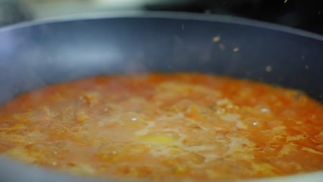 Close-up-of-Bolognese-sauce-bubbling-in-a-hot-frying-pan