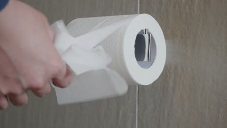 Hand-Zieht-Toilettenpapierrolle-Im-Badezimmer
