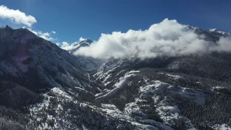 Drohne-Luftaufnahme-Der-Ruhigen-Winterlandschaft-Von-Colorado,-Schneebedeckten-Hügeln-Und-Gipfeln-Unter-Wolken-An-Einem-Sonnigen-Tag