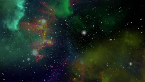 El-Movimiento-De-Las-Nubes-Nebulosas-Verdes-Y-Amarillas-En-El-Vasto-Universo-Oscuro,-El-Espacio-Exterior