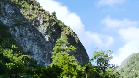 Beautiful-Nature-Scenery-and-Rocky-Cliffs-in-New-Zealand-Valley,-Low-Angle