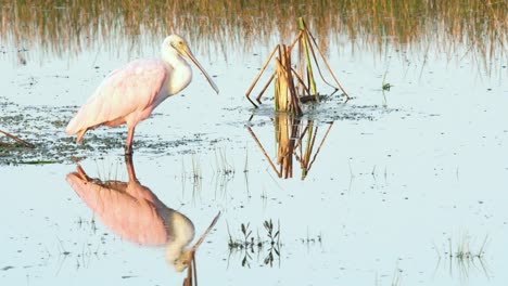 roseate-spoonbill-in-morning-light-on-calm-still-water-with-mirrored-reflection