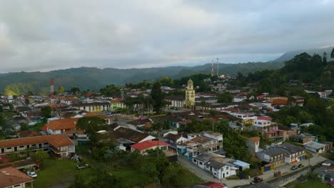 Birds-Eye-View-of-Salento,-Quindío,-Colombia-at-Sunrise