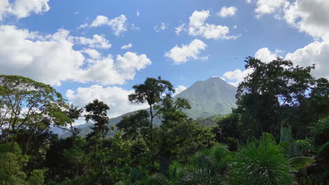 Wide-shot-of-lush-rainforest-on-a-sunny-day-with-the-Arenal-Volcano-in-the-background