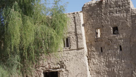 Ruinas-Del-Fuerte-De-Bahla,-Sitio-Del-Patrimonio-Mundial-De-La-Unesco,-Bahla,-Omán,-Tiro-Medio-Inclinado-Hacia-Arriba