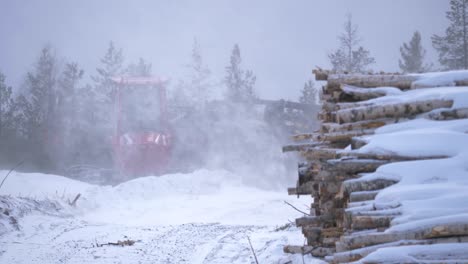 Birkenholzstapel-Auf-Holzindustriegelände,-Schneebedeckt-Unter-Schneefall---Breiter-Statischer-Schuss
