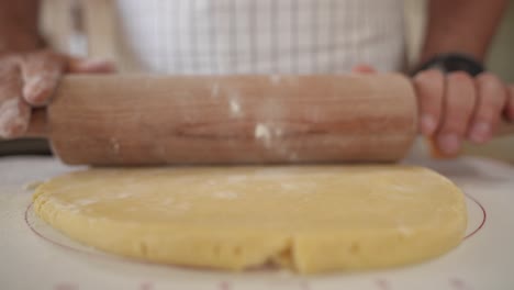 Close-up-of-a-baker-rolling-out-pastry-dough-towards-camera