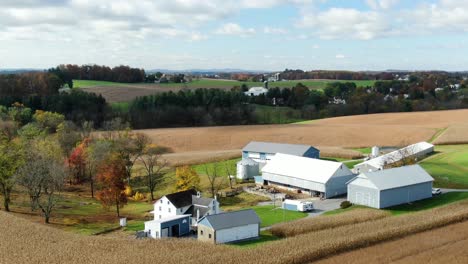 Aerial-orbit-of-American-family-farm-in-Pennsylvania-during-autumn-fall-harvest-season