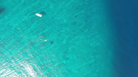 Gente-Nadando,-Buceando-Con-Manta-Raya-En-El-Agua-Azul-Turquesa-Del-Mar-De-Maldivas