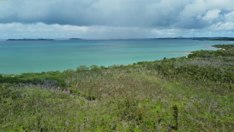 Flyover-above-forested-beach-near-Poingam-and-Boat-Pass,-New-Caledonia