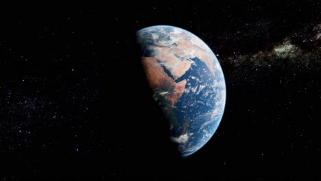 Rotación-De-La-Tierra-En-El-Espacio---Hermoso-Mundo-De-Eclipse-De-Noche-A-Día-Revelado-En-El-Espacio-Con-La-Galaxia-De-La-Vía-Láctea-En-El-Fondo---Zoom-De-órbita-Lenta-Fuera-De-África-En-4k