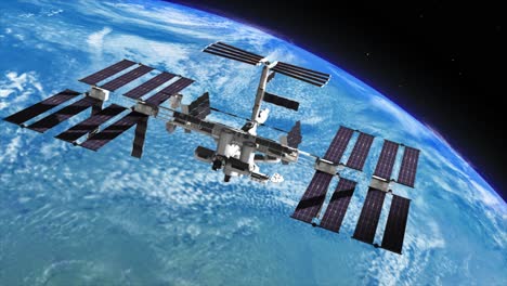 Highly-detailed-3D-VFX-shot-of-the-International-Space-Station-orbiting-the-Earth,-far-below,-as-it-rotates-slowly-in-space