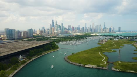 Aerial-View-of-Chicago-Skyline-on-Summer-Day-from-Northerly-Island
