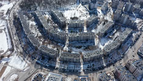 Aerial-Drone-Shot-of-Pattern-of-High-Rise-Old-Soviet-Russian-Buildings-in-Vilnius