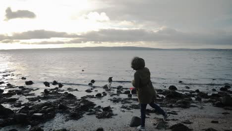 Schwarzer-Labrador-Und-Besitzer-Spielen-Am-Strand,-Zeitlupe,-Hinter-Sicht