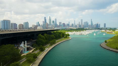 Aerial-View-of-McCormick-Place,-Burnham-Harbor-with-City-Skyline-in-Background