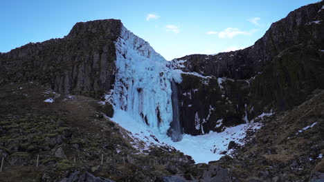 Panorama-Of-Grundarfoss-Waterfall-With-Cliff-Covered-In-Ice