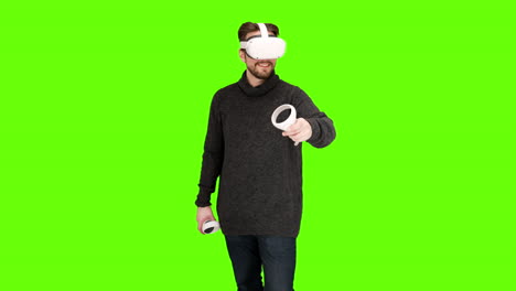 Painting-playing-VR-game-with-latest-modern-oculus-quest-2-headset-touch-motion-controller-cool-facebook-company-chroma-keying-green-screen-background-replacement-futuristic-ar-xr-mixed-reality-htc