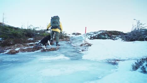 Backpacker-Person-Climbing-Over-Icy-Landscape-With-His-Husky-Dog-In-Trondheim,-Norway