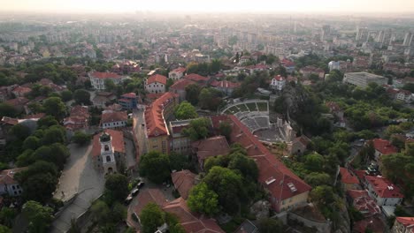 Aerial-drone-view-of-Plovdiv-Old-town,-Roman-theatre-of-Philippopolis,-Bulgaria