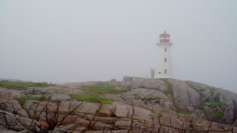Foggy-lighthouse-at-peggys-cove,-nova-scotia,-canada