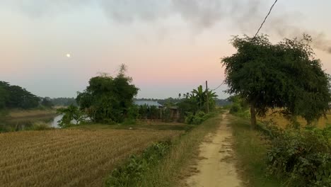 Bangladesh-Sylhet-rural-village-scenery,-pan-reveal-vast-farmland-and-Gas-Plant