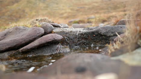 Water-slowly-flows-from-a-peat-bog,-over-rocks-and-down-a-mountain-stream-in-the-highlands-of-Scotland
