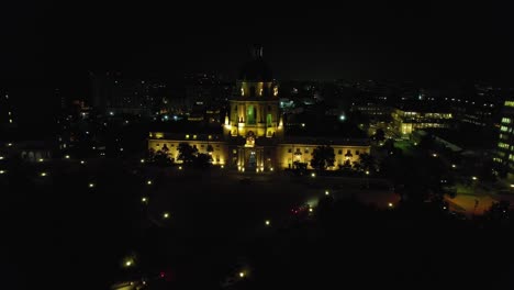 Aerial-View-of-Pasadena-City-Hall-at-Night,-California-USA