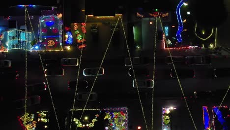 Aerial-topdown-view-Along-Christmas-Winter-Wonderland,-Colorful-light-decoration-in-Valencia-Neighborhood