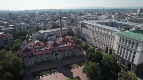 Panoramic-aerial-drone-of-political-government-buildings-and-museums-in-Sofia,-Bulgaria