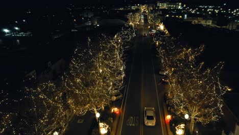 Weihnachtsbeleuchtung-In-Einer-Kleinstadt---Aufsteigende-Luftaufnahme-Zeigt-Die-Straßenlaternen