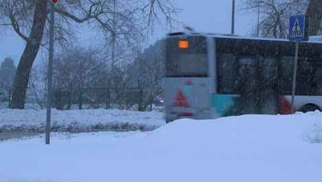Lettischer-Straßenpolizist-Organisiert-Den-Autoverkehr-Während-Eines-Schweren-Schneesturms,-Eines-Bewölkten-Wintertages,-Einer-Weit-Entfernten-Fernaufnahme