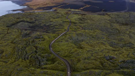 Aerial-of-harsh-volcanic-landscape-showing-old-lava-flow---Bjarnarhöfn,-Iceland
