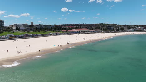 Scenic-Seascape-At-Bondi-Beach-In-Sydney,-Australia---aerial-drone-shot